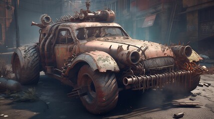 Fototapeta premium Rugged Monster Car - Evil Art illustration -Monster Car -Rusty Antique Car 