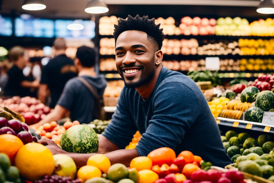Portrait of happy smiling Buyer enjoys shopping time at  fruit counter in a grocery supermarket. Generative AI