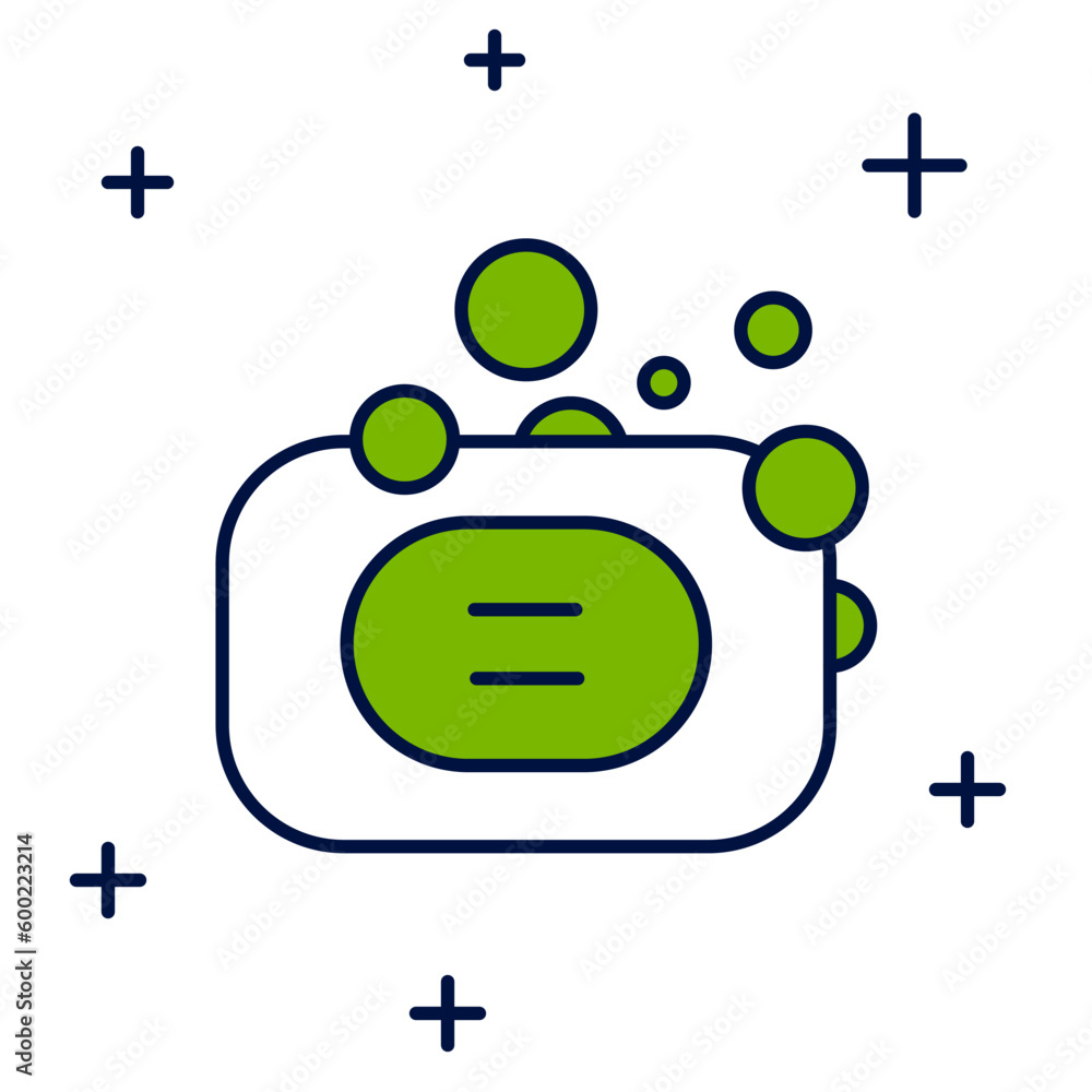 Poster filled outline bar of soap icon isolated on white background. soap bar with bubbles. vector
