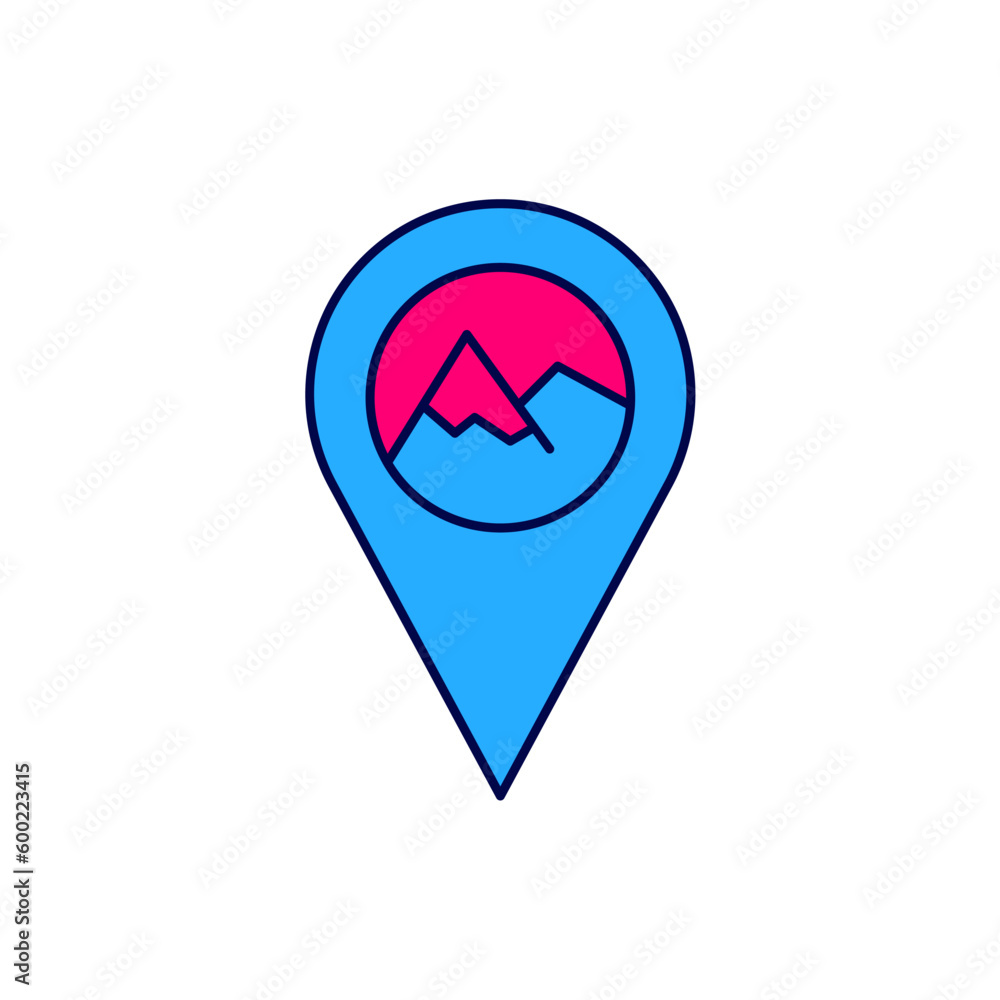 Aufkleber filled outline map pointer with mountain icon isolated on white background. mountains travel icon. v