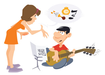 Girl scolds guy with guitar. Illustration for internet and mobile website.