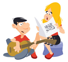 Girl scolds guy with guitar. Illustration for internet and mobile website.