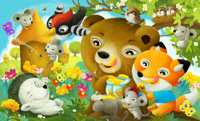 Obraz na płótnie Canvas cartoon scene forest animals the forest eating honey