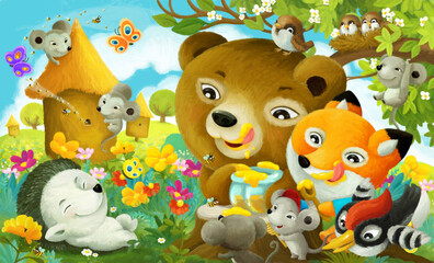 Fototapeta premium cartoon scene forest animals the forest eating honey