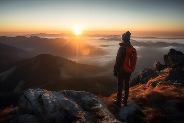 Fototapeta premium Abstract Female Hiker stands at the summit of a difficult mountain climb to be greeted with a beautiful view of the sunrise. Generative ai. Advertising photography style.