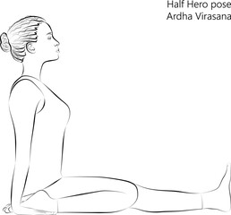 Sketch of young woman practicing yoga, doing Half Hero pose. Ardha Virasana. Seated and Backbend. Beginner. Vector illustration isolated on transparent background.