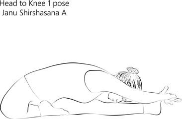 Sketch of young woman practicing yoga, doing Head to Knee 1 pose. Janu Shirshasana A. Seated and Forward Bend. Beginner. Vector illustration isolated on transparent background.