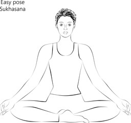 Sketch of young woman practicing yoga, doing Easy pose. Sukhasana. Seated and Neutral. Beginner. Vector illustration isolated on transparent background.
