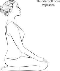 Sketch of young woman practicing yoga, doing Thunderbolt pose or Diamond pose or Kneeling pose. Vajrasana. Seated and Neutral. Beginner. Vector illustration isolated on transparent background.