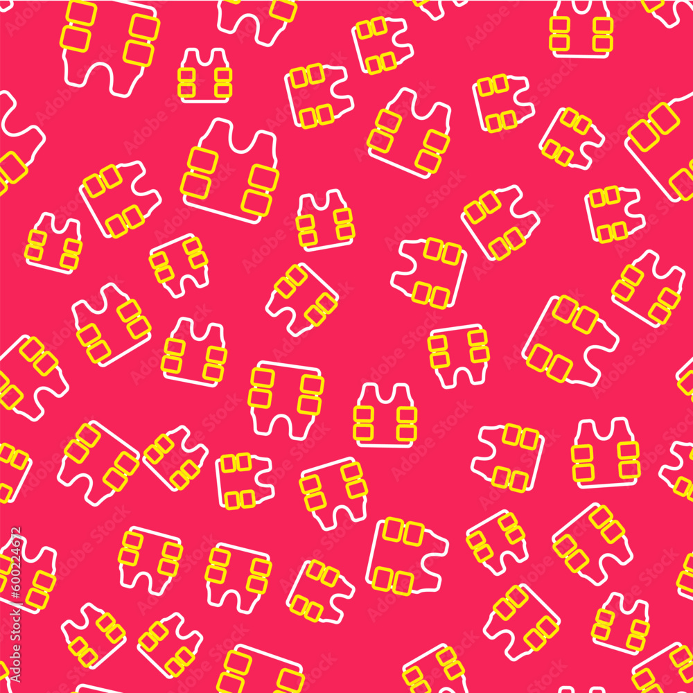 Poster line bulletproof vest for protection from bullets icon isolated seamless pattern on red background. 