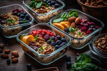 Lifestyle photograph featuring healthy eating habits such as meal prepping. Generative Ai.