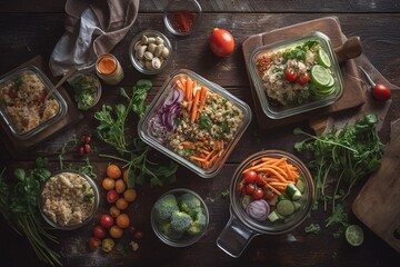 Lifestyle photograph featuring healthy eating habits such as meal prepping. Generative Ai.