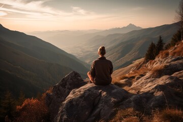 Naklejka na ściany i meble Mountain Meditation: A female woman doing yoga on a mountaintop with a beautiful landscape in the background. Generative Ai.