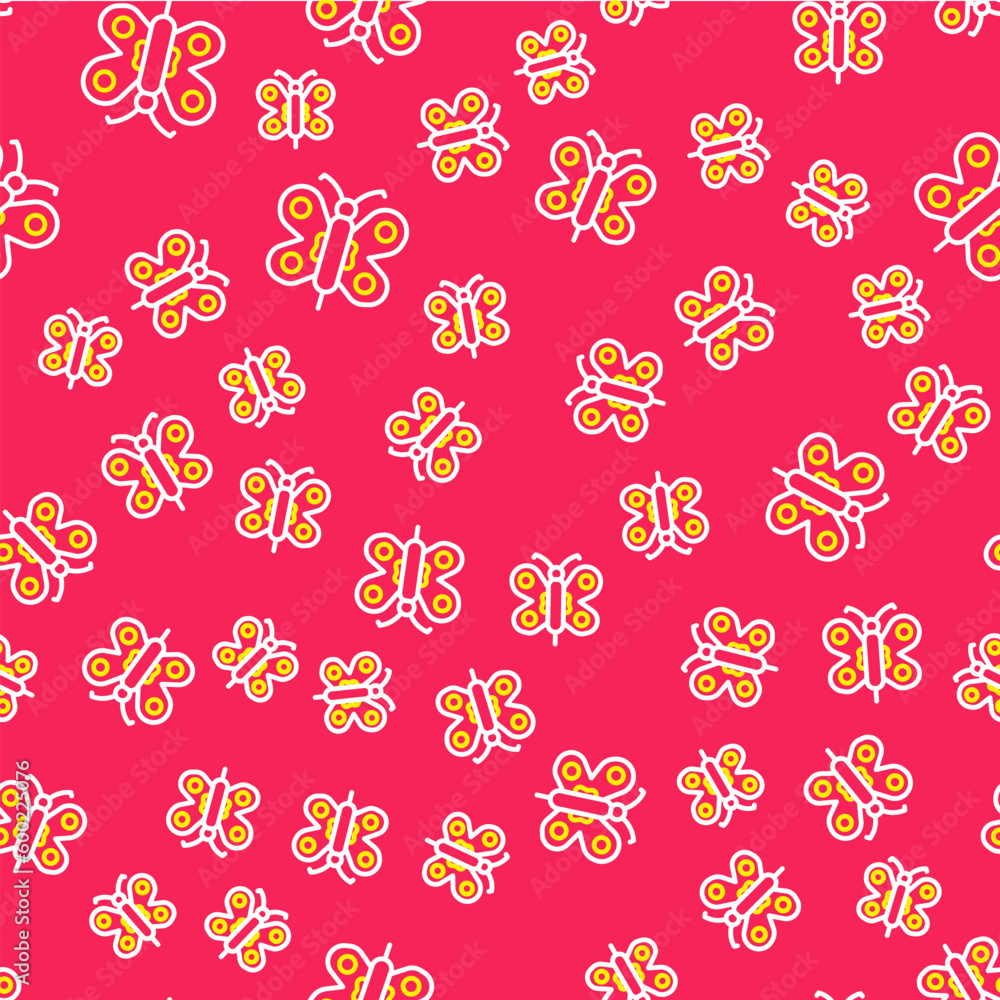 Poster line butterfly icon isolated seamless pattern on red background. vector