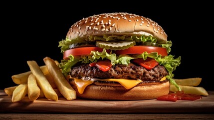 Fresh tasty burger on dark background AI image

