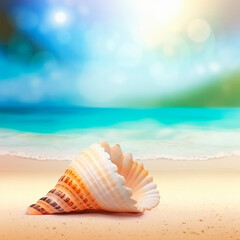 Obraz na płótnie Canvas Background with a beautiful shell on the beach. High quality illustration Generative AI