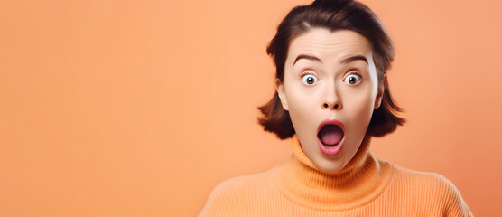 Portrait of excited overjoyed and shocked young caucasian woman. Unbelievable. Looking at camera and spreading hands. Isolated on background. Advertising. Generative Ai.