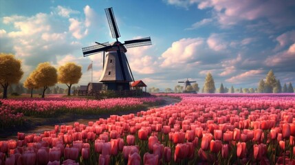 Tulip fields at sunrise A stunning nature landscape with vibrant colors and warm tones AI Generative, from website backgrounds and marketing materials to inspirational posters and home decor
