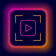 Glowing neon line Camera focus frame line icon isolated on black background. Colorful outline concept. Vector