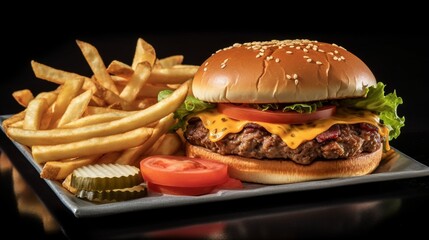 Fresh tasty burger on dark background AI image
