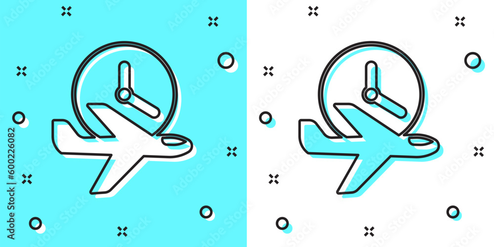 Aufkleber black line flight time icon isolated on green and white background. random dynamic shapes. vector