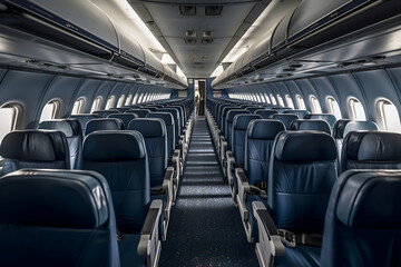 Interior of an empty modern airplane cabin in blue color, Generative AI
