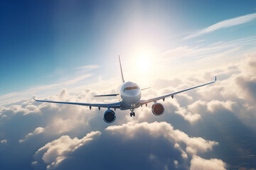 Obraz premium Airplane in the sky above the clouds, Generative AI