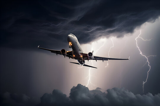Airplane in the sky among storm clouds and lightning, Generative AI