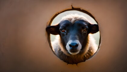 curious sheep looks through a hole in the wall, Generative AI