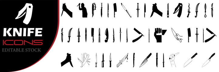 kitchen vector representation of a knife. Knife silhouettes are established. Vector illustration of a killer knife's shadow in the hand, isolated on a white background drawing of a knife in vector