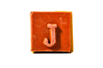 Letter J. Rubber stamp with wooden handle. Entire alphabet available.