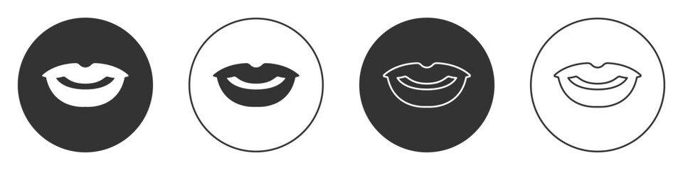 Black Smiling lips icon isolated on white background. Smile symbol. Circle button. Vector