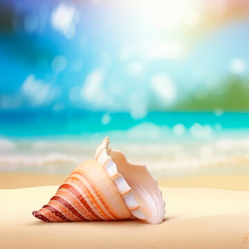 Background with a beautiful shell on the beach. High quality illustration Generative AI