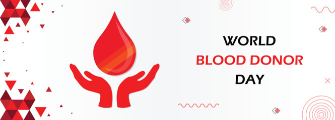 World blood donation month, blood donor day on June 14, red color geometric design with blood drop, encourage volunteers for charity event