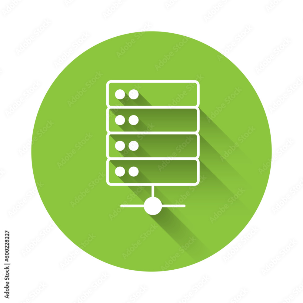 Poster white server, data, web hosting icon isolated with long shadow background. green circle button. vect