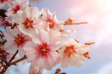 Beautiful almond flower blossom, closeup, blooming springtime ba