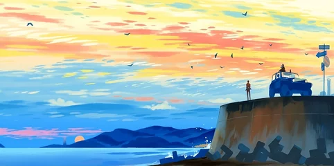 Foto auf Acrylglas Gelb couple in the light house with car under beautiful sky with birds flying.