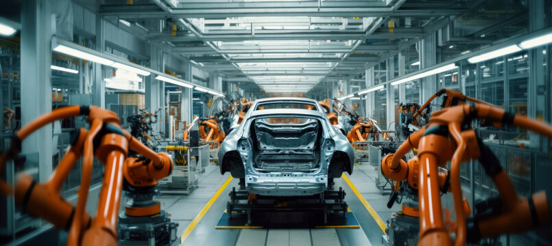 Manufacturing Line Of Car Factory, Car Skeleton Or Vehicle Frame In Middle, Orange Robots On Sides. Generative AI