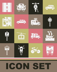 Set Bus, Sailboat, Road traffic signpost, Scooter, Hatchback car, Broken road, and TV News icon. Vector