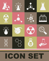 Set Test tube and flask, Microorganisms under magnifier, Molecule, Radioactive in location, radiation and icon. Vector