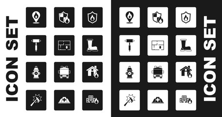 Set Fire protection shield, Evacuation plan, Firefighter axe, Location with fire flame, boots, in burning house and hydrant icon. Vector