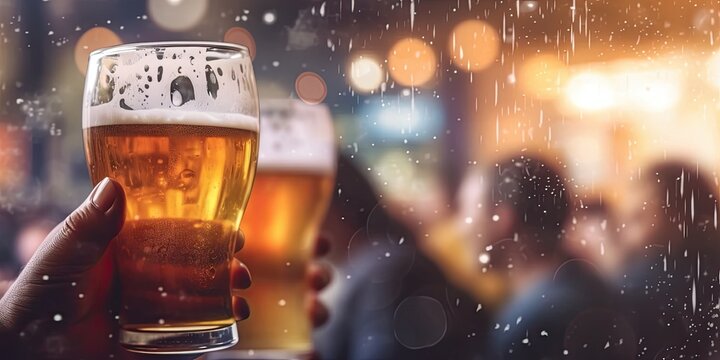 people are drinking beer with one another at a party with depictions of inclement weather, generative ai.