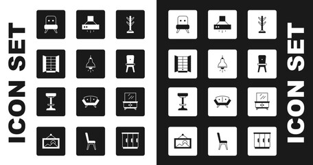 Set Coat stand, Lamp hanging, Wardrobe, Armchair, Chair, Kitchen extractor fan, Dressing table and icon. Vector