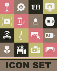 Set Photo frame, Battery for camera, 16, Camera photo lens, film roll cartridge, focus line, Studio light bulb softbox and icon. Vector