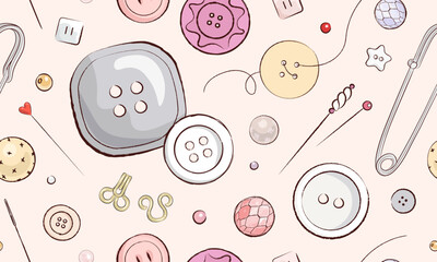 Seamless pattern with hand drawn buttons and sewing tools. Sewing pattern. Vector illustration