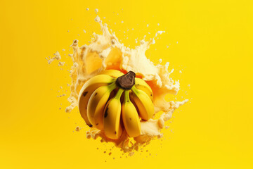 Naklejka na ściany i meble Explosion of taste, bananas on a yellow background in a splash of juice, refreshing juicy fruit, AI Generated