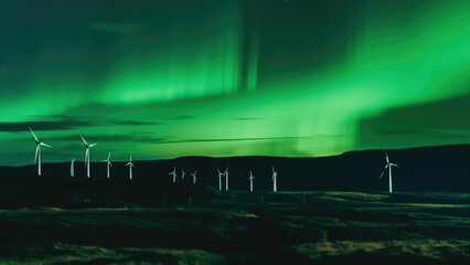 Green eco-friendly wind turbines on a landscape and northern lights in the sky - Generative AI