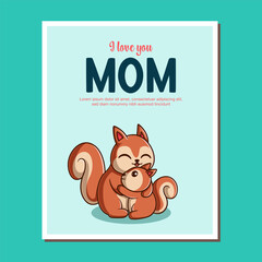 Set of Vector Greeting Card For Mothers Day Celebration. Illustration of Cute Bunny Hugging His Mom Cartoon Character