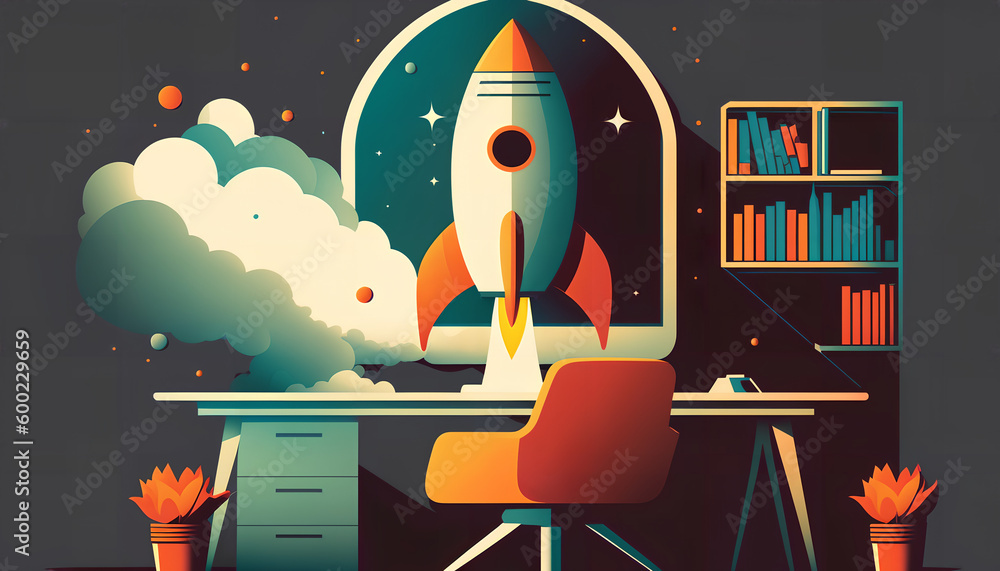 Poster rocket office desk worker blast off marketing and sales graphics trichromatic color scheme for graph