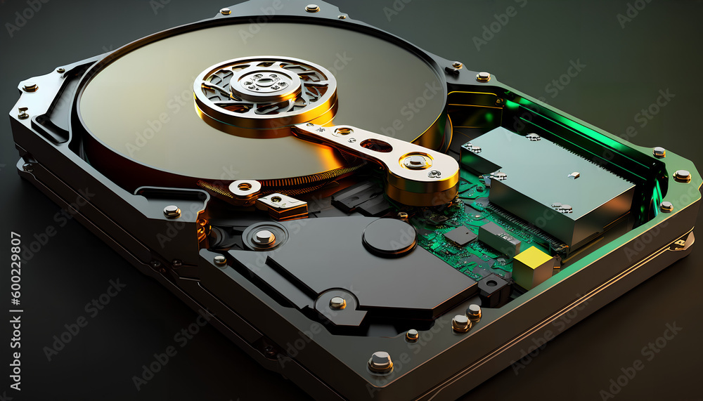 Poster hard disk drive and open cover. computer hardware